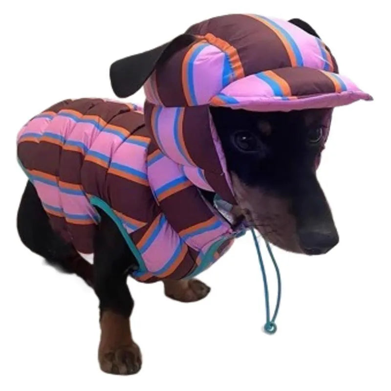 Dirty pink striped dog vest with matching hat for autumn winter pet clothing
