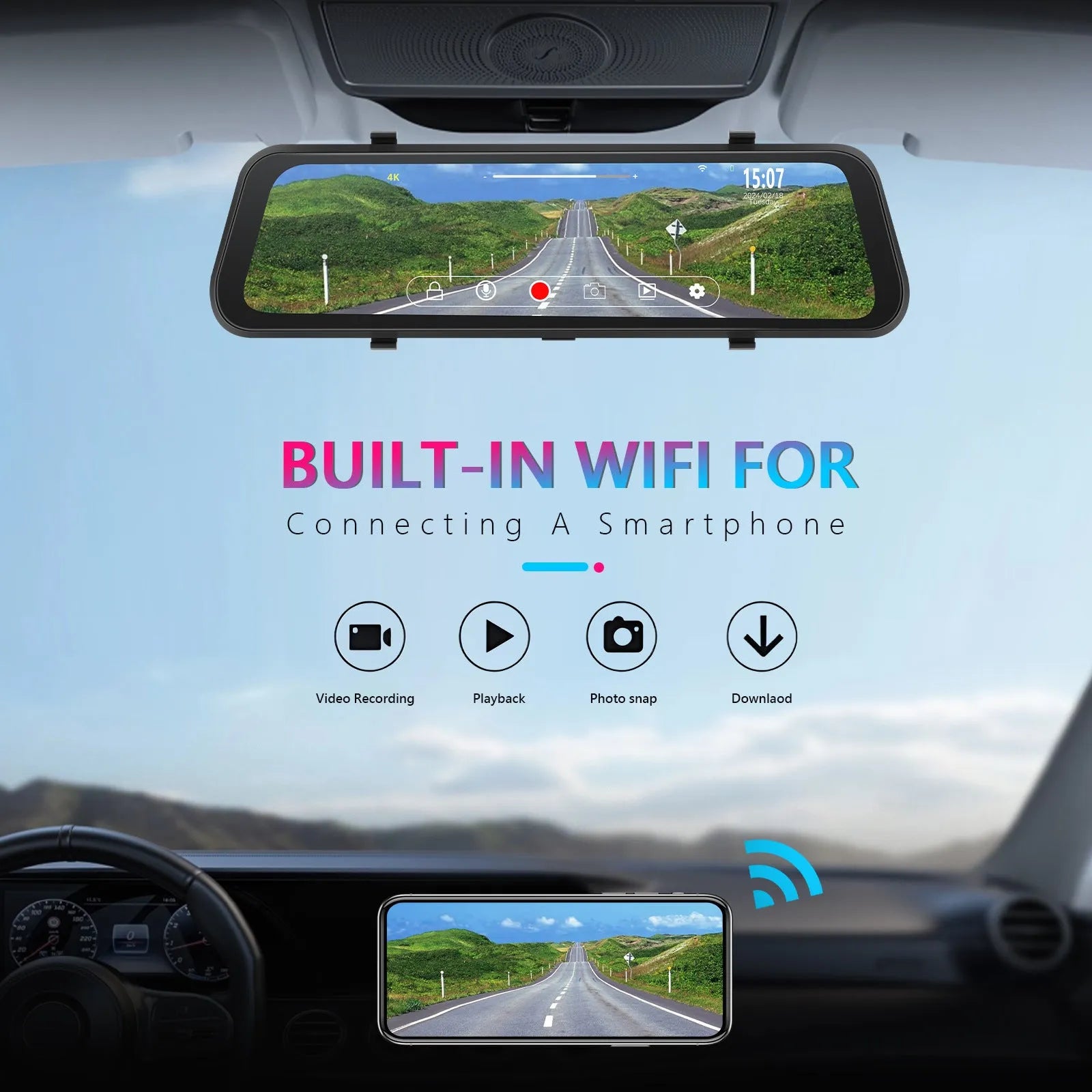 9.66 inch streaming media rear view mirror dash cam with dual cameras and touch screen display