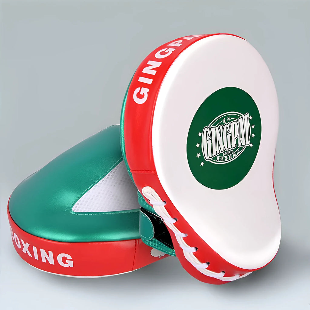 Vertical gold and green PU boxer Sanda baffle target for portable home training.