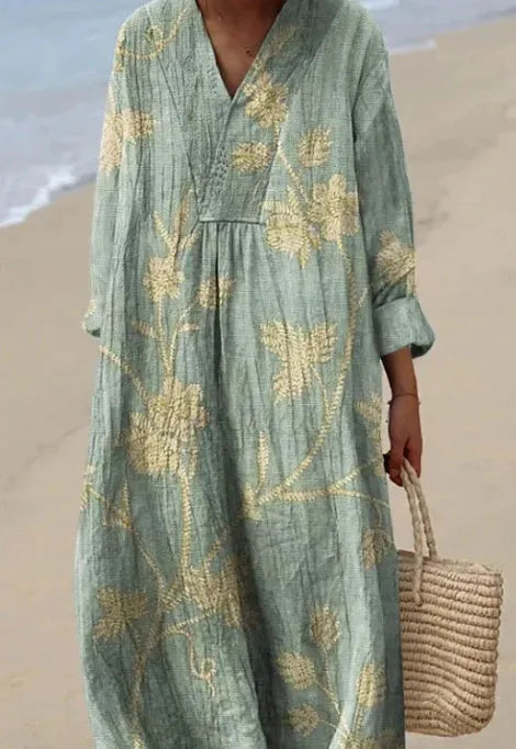 Casual long sleeve shirt dress with a 3D floral print, wide waist, and long skirt.