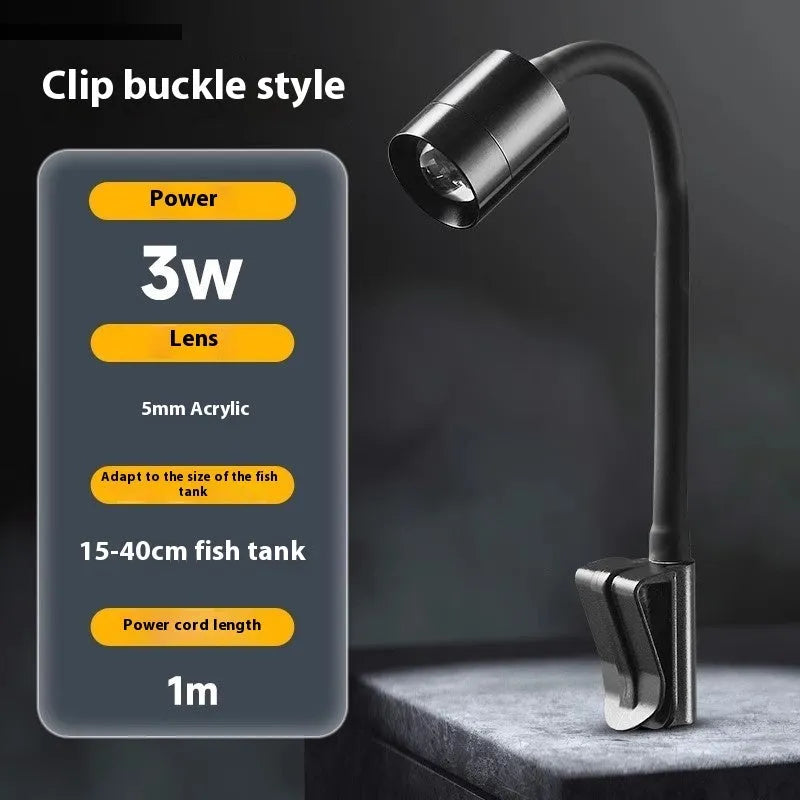 Small aquarium LED light with clip and base mounting options for 15-40cm fish tanks