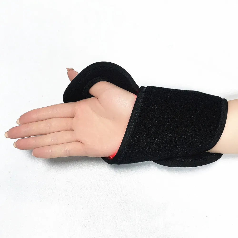 Black infrared physiotherapy wristband cloth strap with battery-powered 8W red light LEDs for home use