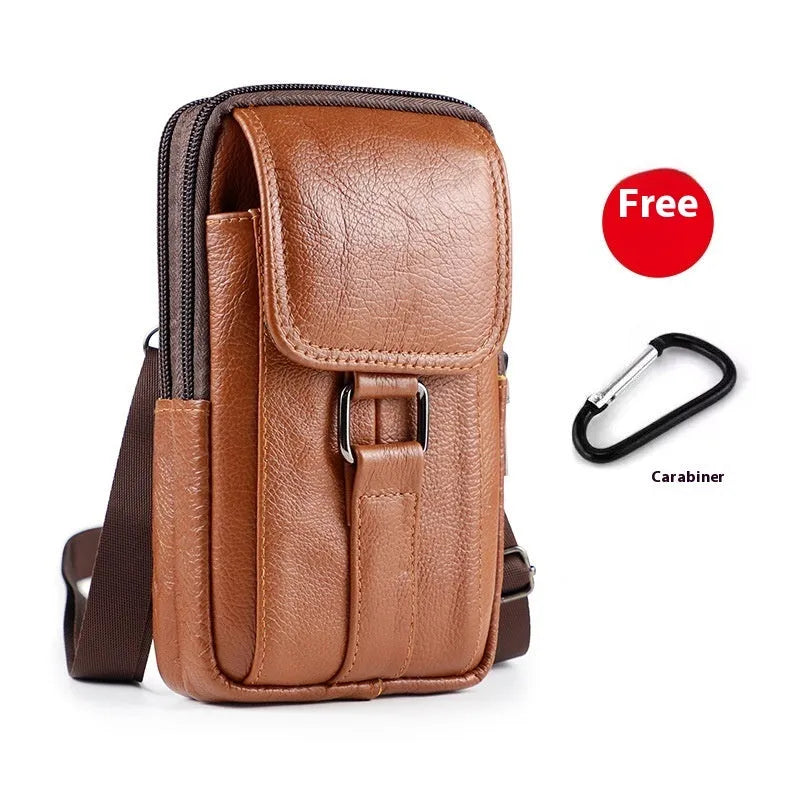 Men's black genuine leather waist bag with lock, shown in vertical square shape.