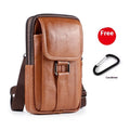 Men's black genuine leather waist bag with lock, shown in vertical square shape.