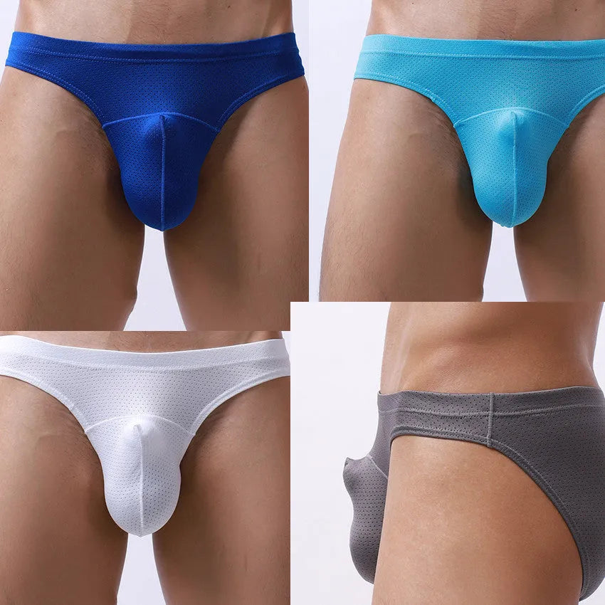 Men's loose-fit navy blue nylon underwear laid flat, showing elastic waistband and leg openings.