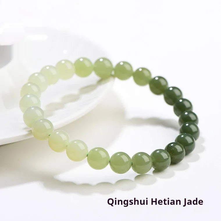 Natural clear water Hetian jade bracelet with gradient colour round or barrel beads