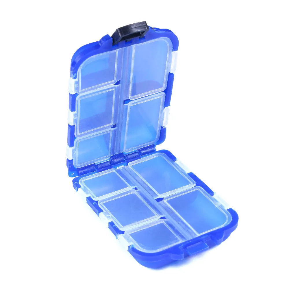 Black plastic fishing tackle storage box with 10 internal compartments, shown next to a ruler indicating 95mm length.