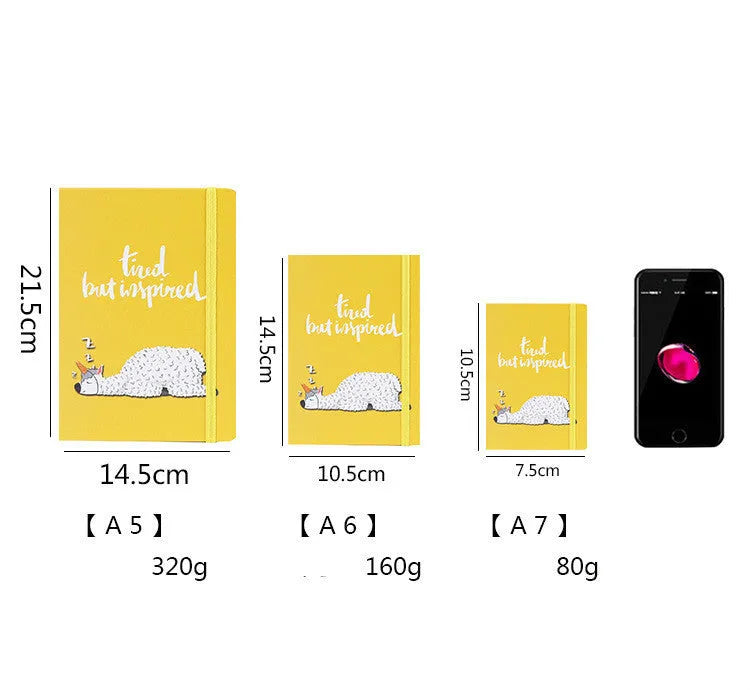 Alpaca cartoon design notepad showing paper cover, available in A5, A6, and A7 sizes