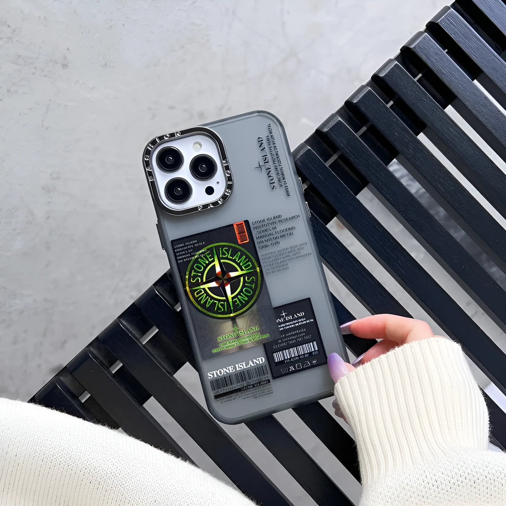 Creative text phone case for iPhone with hard back and electroplated lens ring in grey stone island label colour