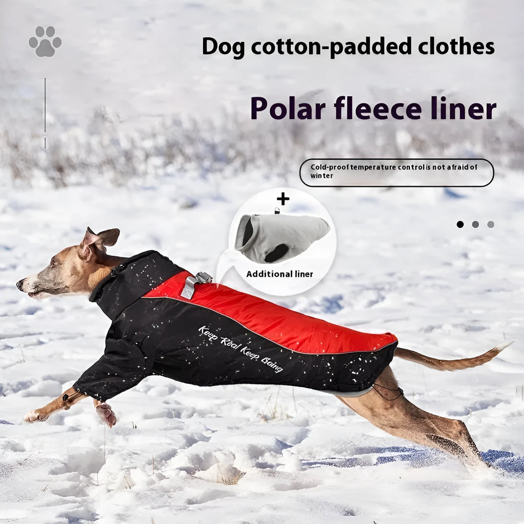 Polar fleece dog jacket with separate liner in a two-tone colour combination on a mannequin.