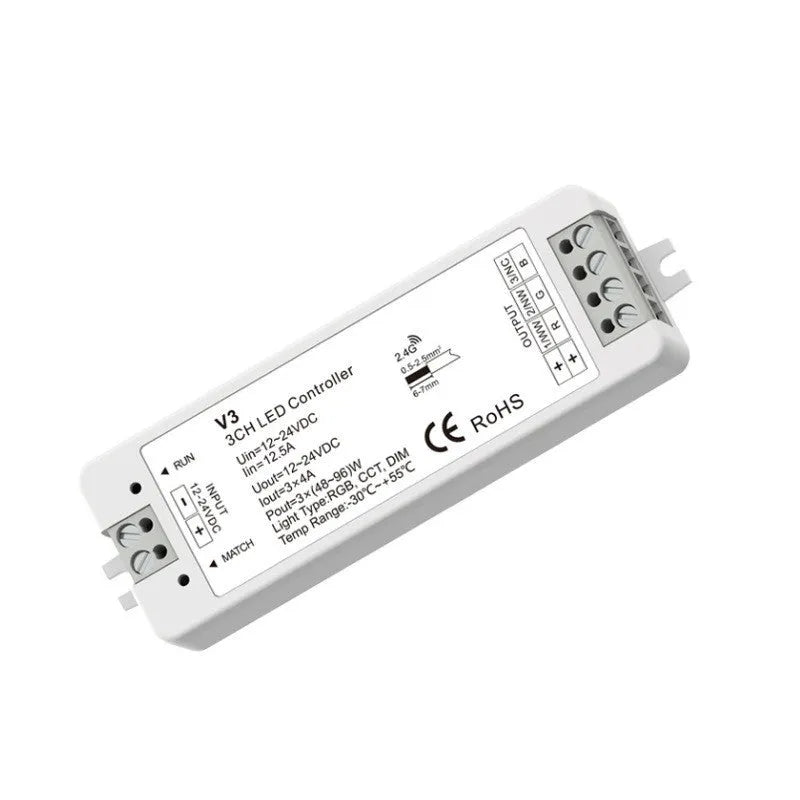 Black wireless RF LED dimmer controller with remote for RGB strip lights 12-24V 8A