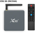 Android Smart TV set-top box with voice remote, HDMI cable, and power adapter on a table.