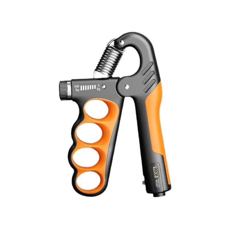 Adjustable electronic counter spring grip for hand strengthening in grey, orange, and red colour options.