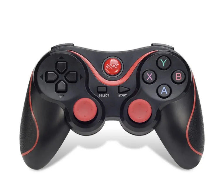 Upgraded X3 black Bluetooth wireless game controller for Android phones with attached phone clip.