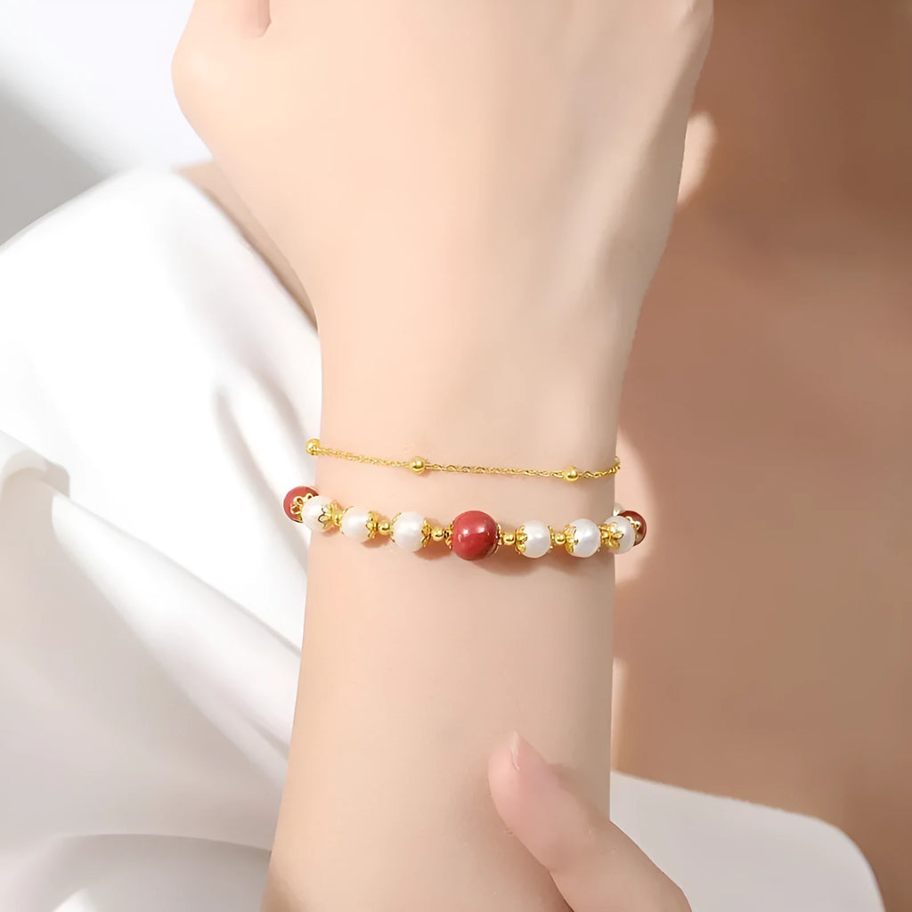 Sterling silver double-layer bracelet with white freshwater pearls and red cinnabar bean beads