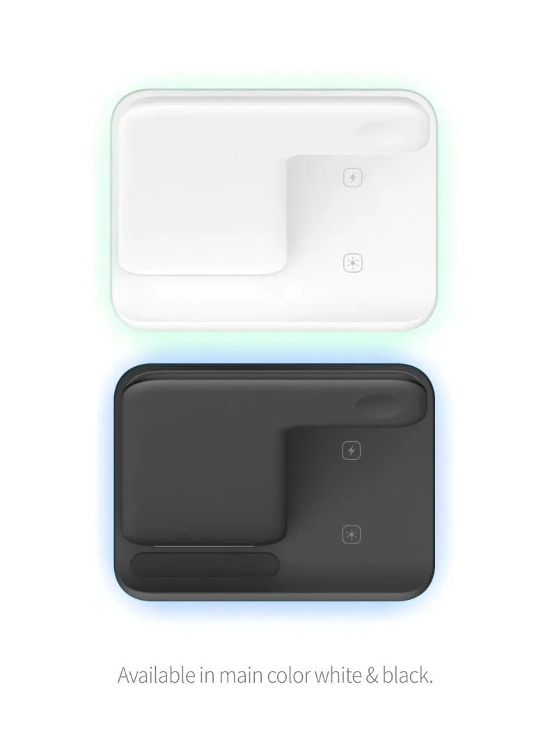 White 15W three-in-one wireless charging stand for mobile phone, smartwatch and headset on a desk.