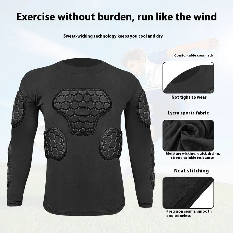 Goalkeeper anti-collision armour set with long-sleeved honeycomb top and trousers, adult male, sizes S to XL