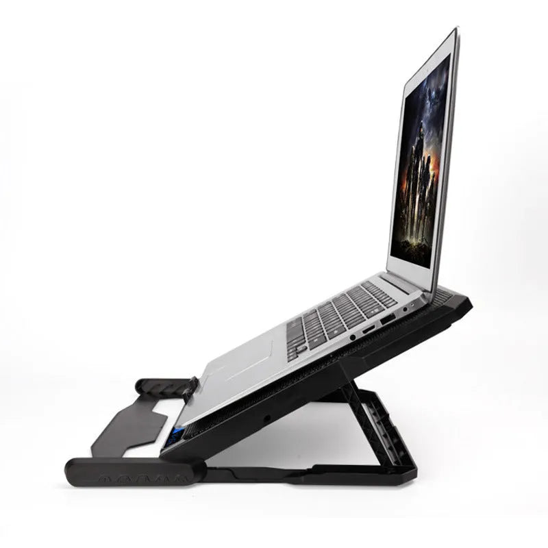 Metal mesh laptop cooling board with integrated fan system showing LCD display with speed control