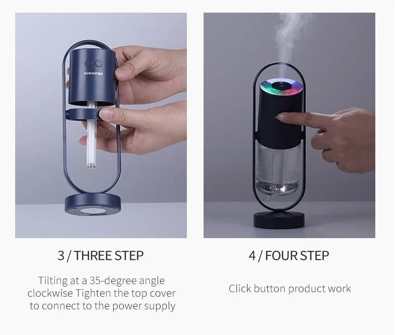 Pink Magic Shadow USB air humidifier with projection night lights on a wooden table.