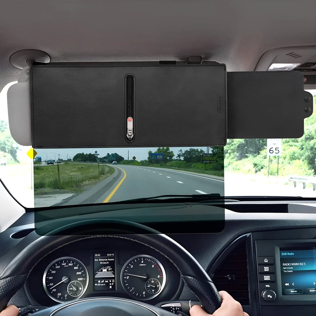 Retractable PU leather car sunshade in black 31x15cm on a vehicle window