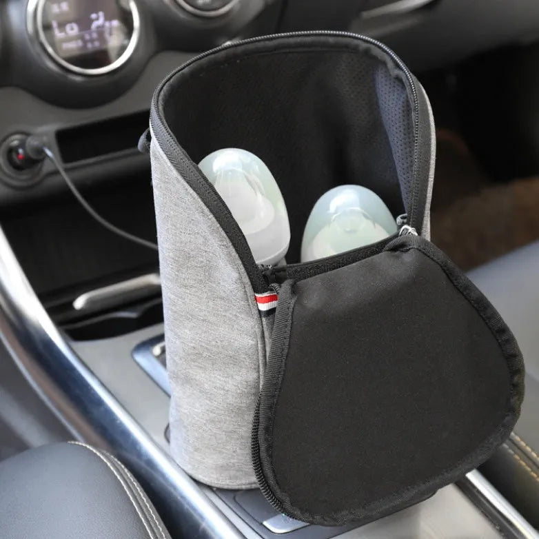 Grey Oxford cloth car USB baby bottle warmer showing temperature display and dual bottle capacity