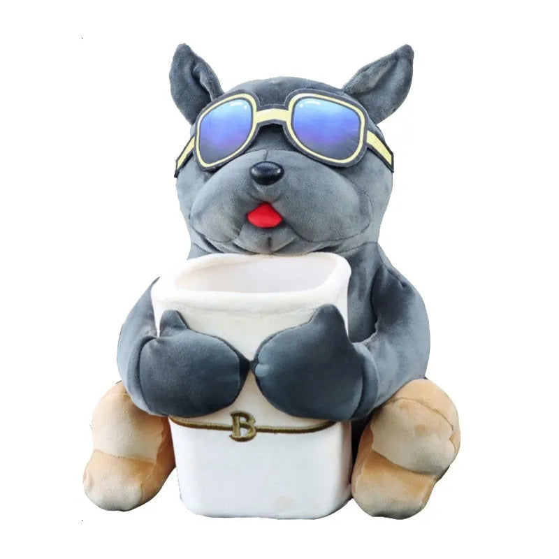Plush car tissue box hanging from vehicle armrest in character design