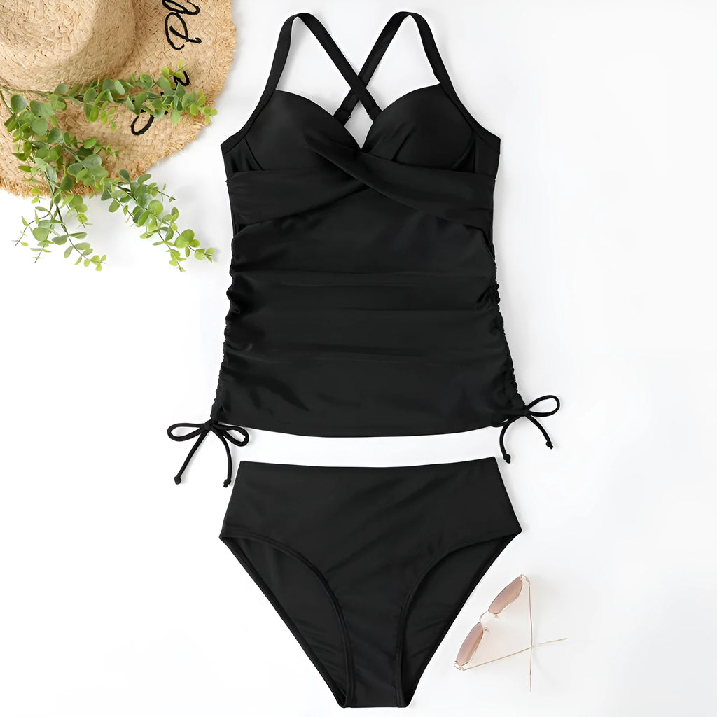 Women's black high-waisted nylon bikini set for swimming sports on a mannequin.