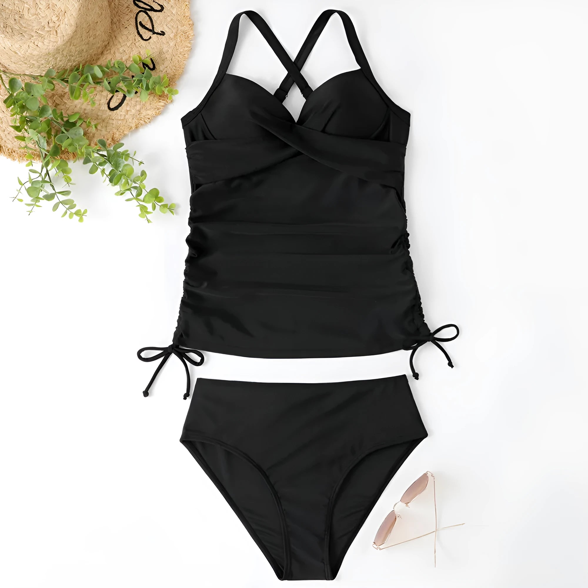 Women's black high-waisted nylon bikini set for swimming sports on a mannequin.
