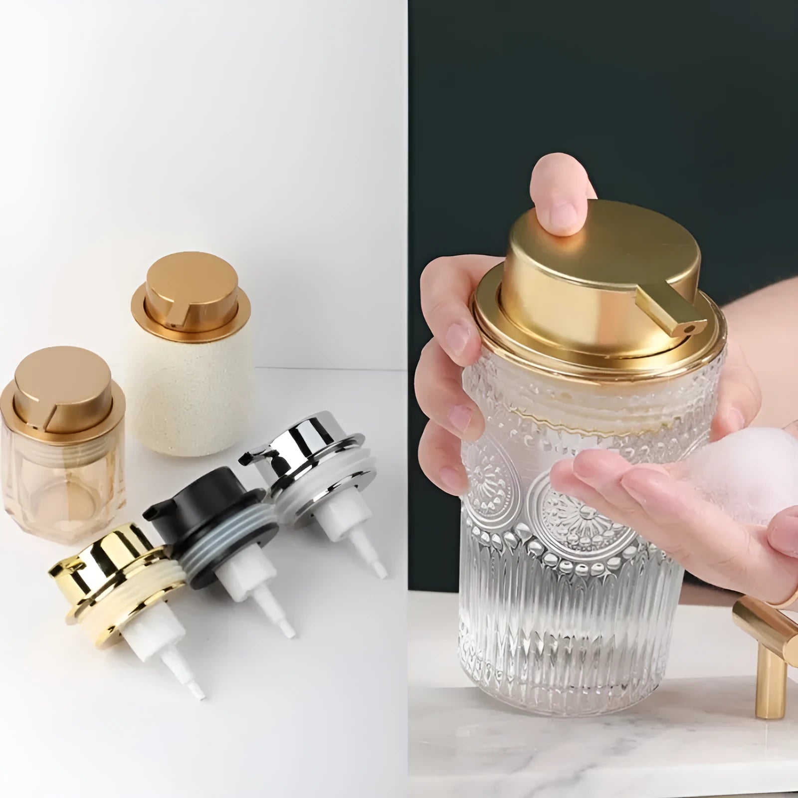 ABS plastic facial cleanser foam pump dispenser with large foaming head in metallic colours