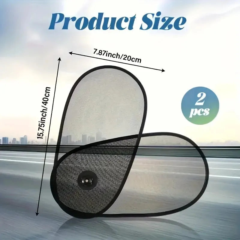 Black breathable mesh car sun shade stretched over a car side window, showing suction cups.