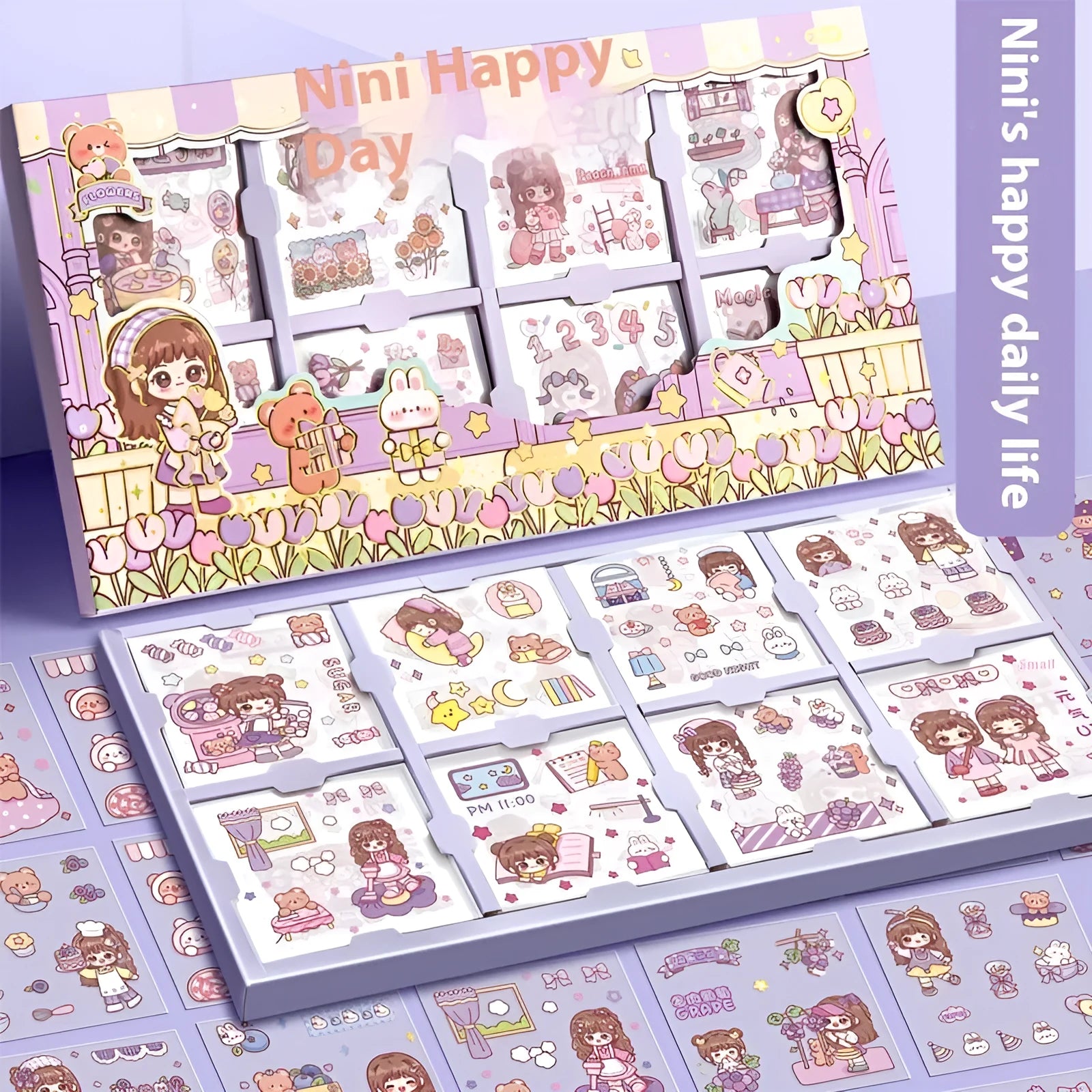 Box of children's themed stickers for notebook decoration with five colourful design options