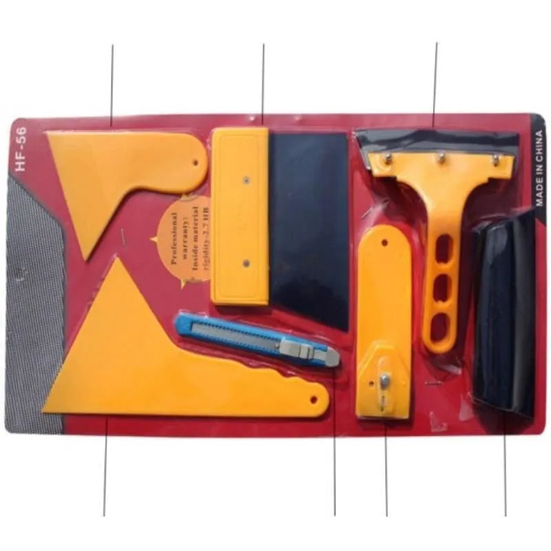 Seven-piece car film application tool set with scrapers, knives, and a pressing block.