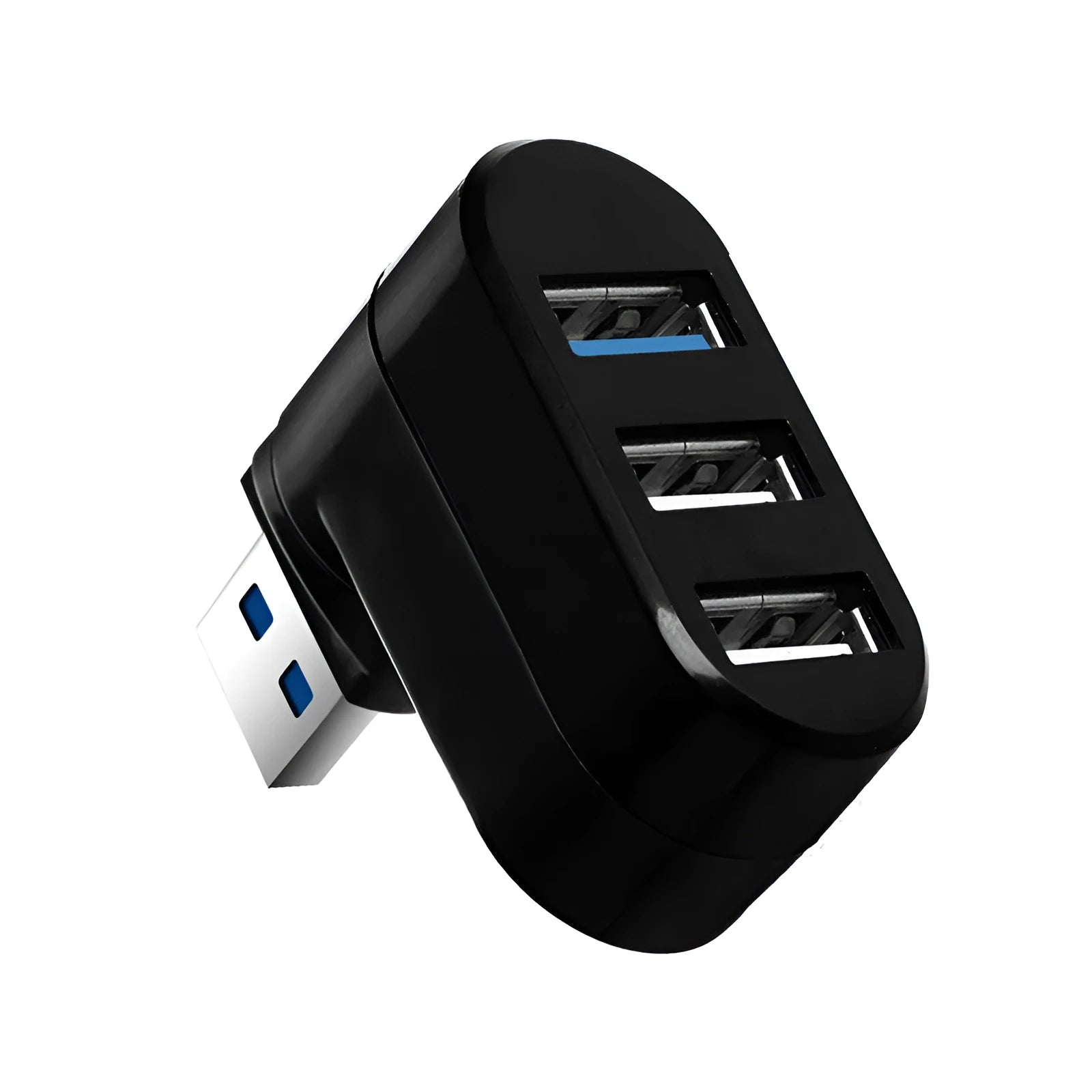 Black and white USB 3.0 rotary hub with four ports showing compact size and cable.