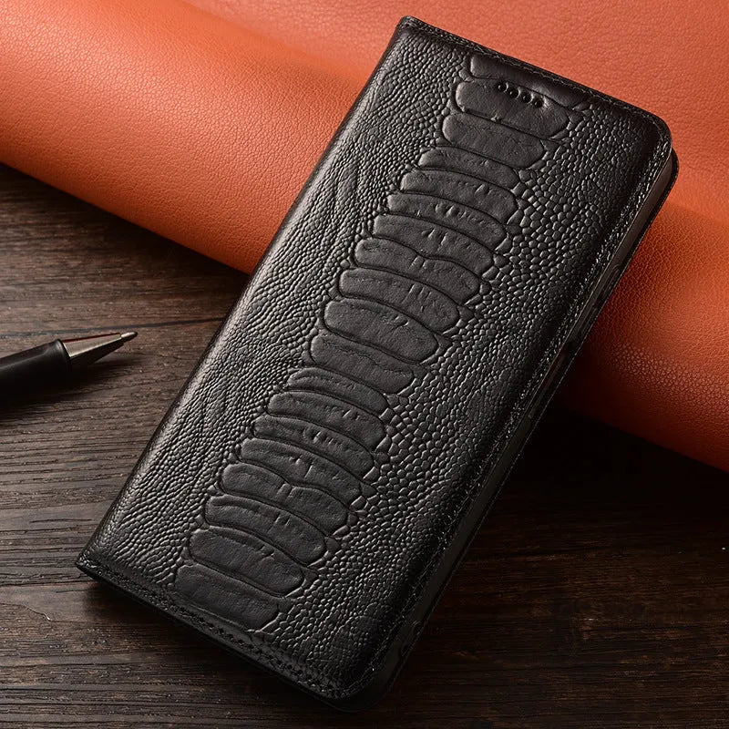 Genuine leather flip phone case for iPhone with embossed texture and magnetic closure