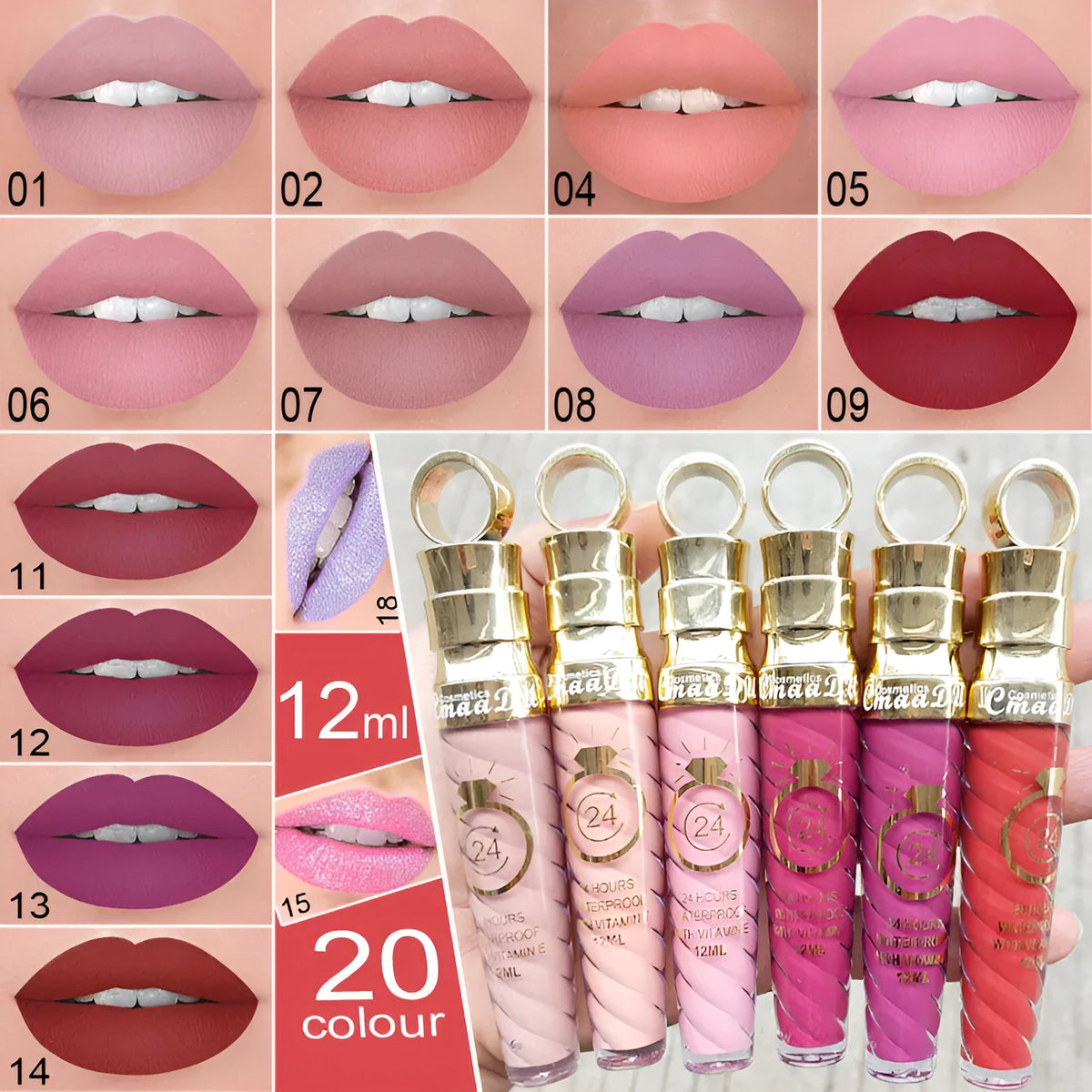 Matte lip gloss tube 12ML with metallic pearl finish, non-stick cup, 20 colours available