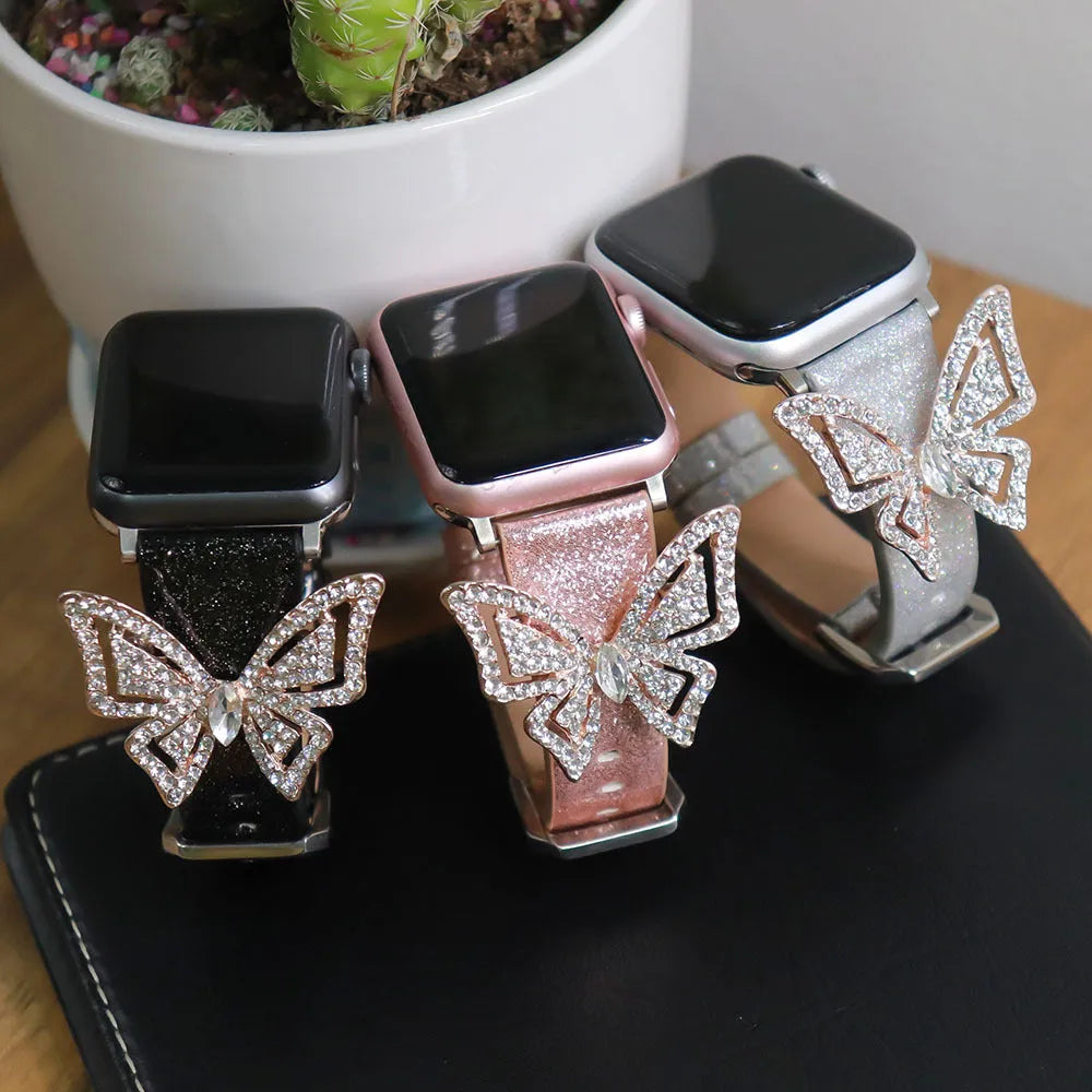 Apple Watch strap with glitter diamond butterfly design, leather band, Black Rose Gold Silver, 38to40mm 42to44mm