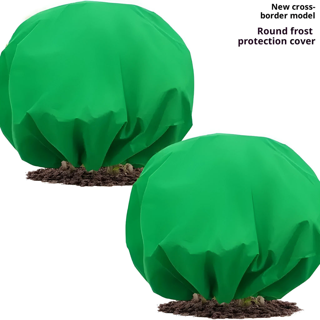 Round winter non-woven plant camera cover in green with drawstring for frost protection