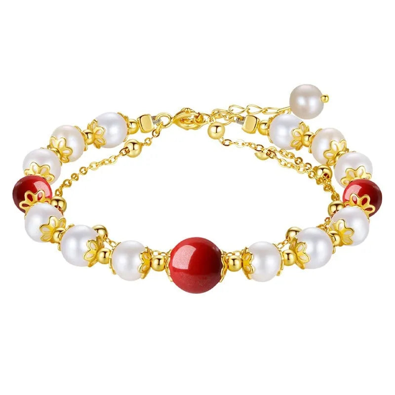 Sterling silver double-layer bracelet with white freshwater pearls and red cinnabar bean beads