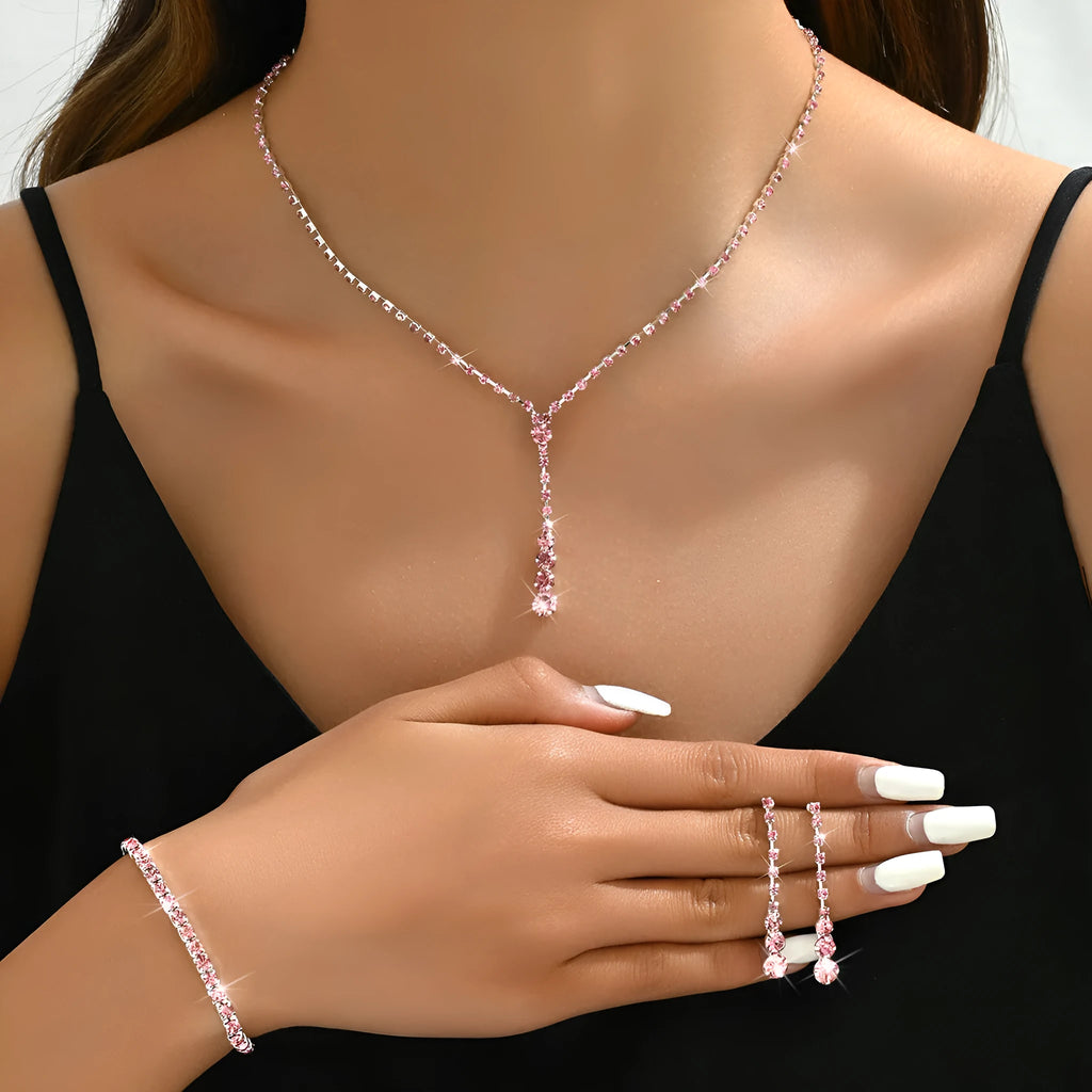Women's wedding jewellery three-piece set with rhinestone heart pendants and snake bone chain