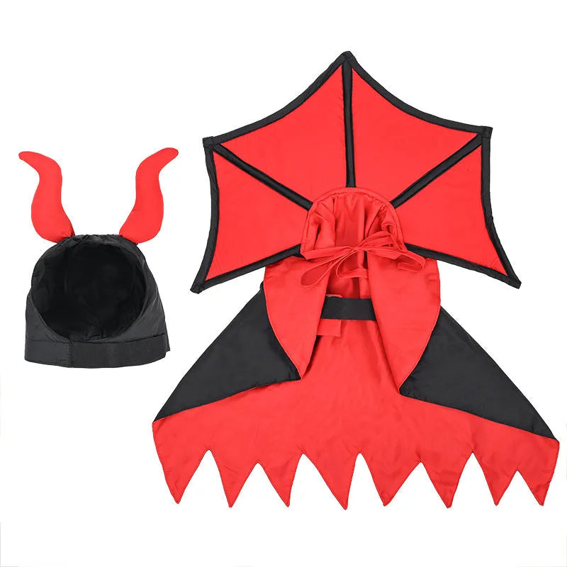 Black polyester vampire cloak and hat costume set for a dog or cat on a mannequin.