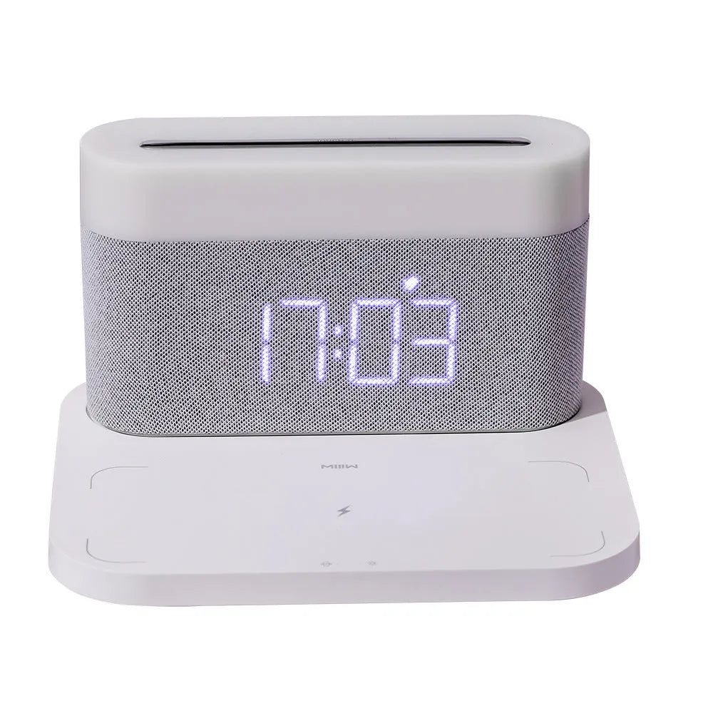 Black and white multifunction wireless charging bedside lamp with digital clock display