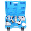 Eight carbon steel Volvo engine timing tools for cylinder head and camshaft alignment on a workshop bench.
