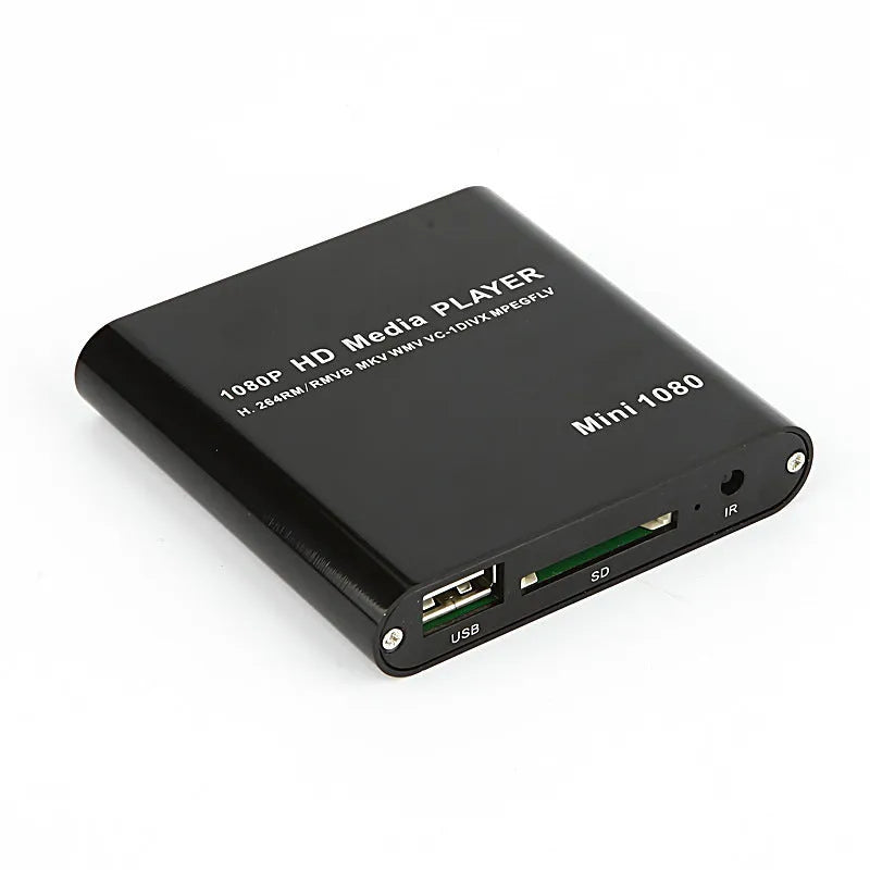 Compact blue or black all-metal 1080P media player with USB, SD card and HDMI ports