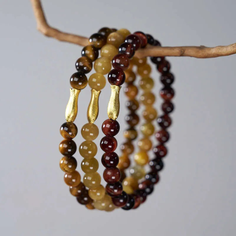 Handmade tigereye beaded bracelet with small fish pendant, natural stone beads, multiple colour options including golden tiger eye