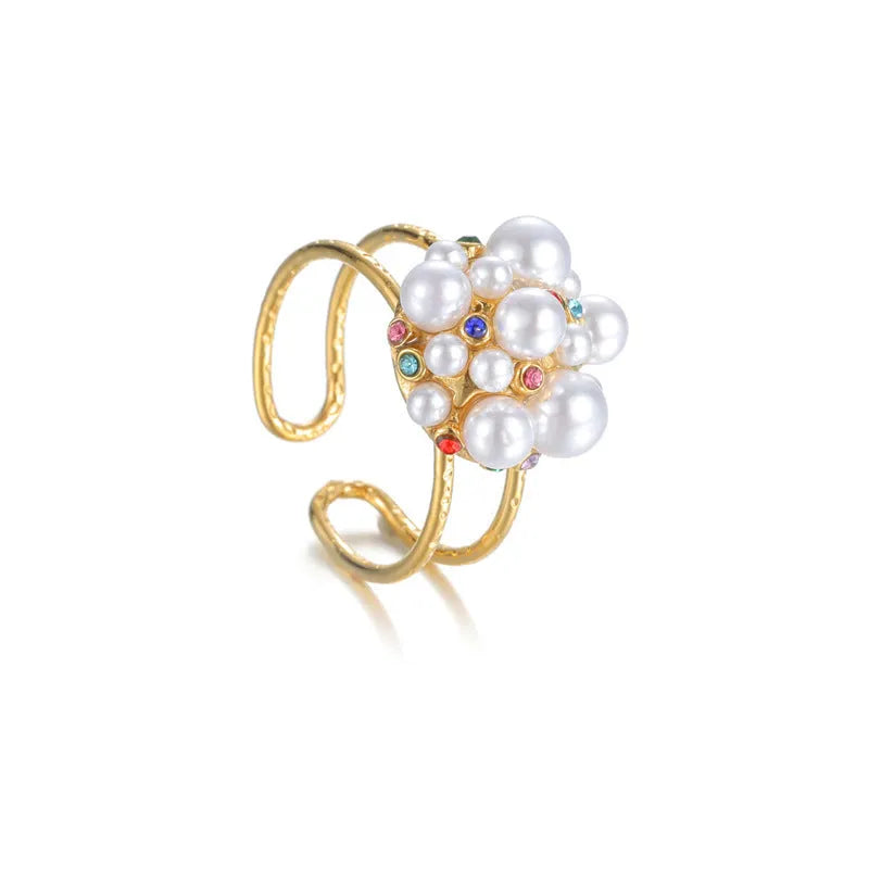 Women's adjustable gold-tone ring with zircon and freshwater pearl decorative elements