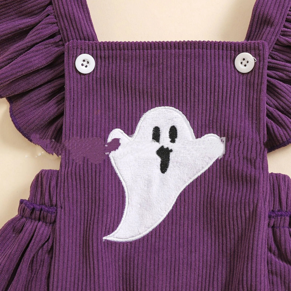 Purple Halloween toddler triangle jumpsuit with embroidered towel detail and hidden hook closure, sizes 70cm to 100cm.
