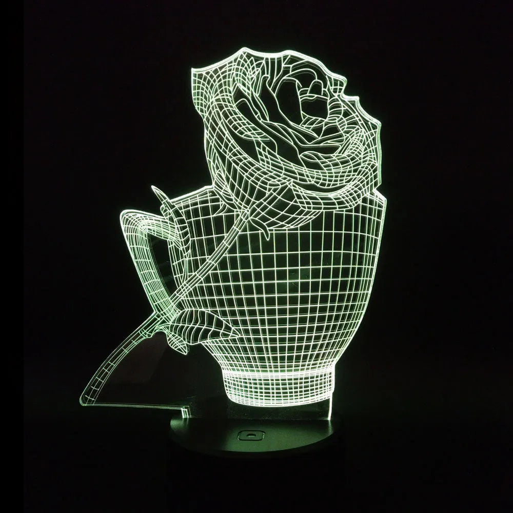 3D rose flower design LED night light on a black ABS base with USB cable and remote control.