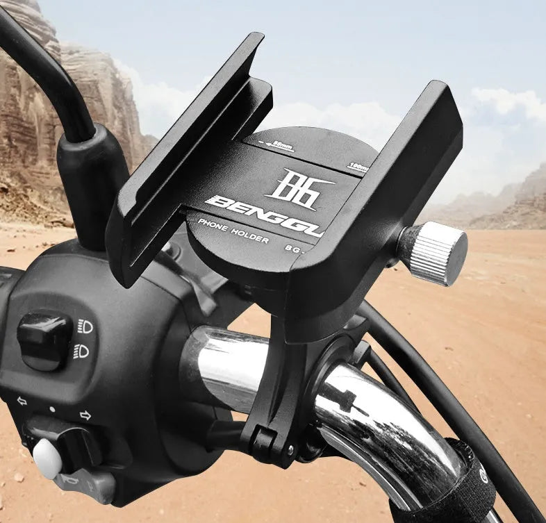 Aluminium bicycle phone holder mounted on handlebar with phone inserted, showing black finish