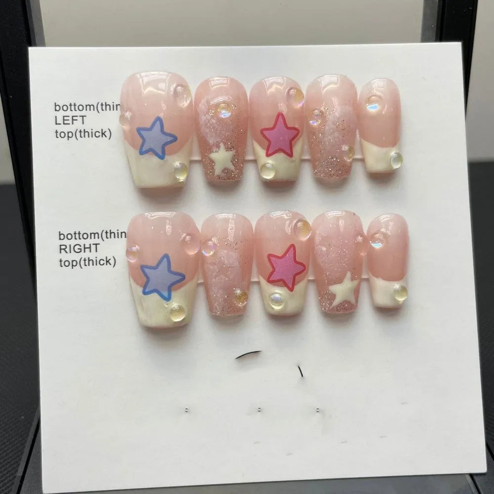 Set of pure handmade press-on nails in Sweet Star Ladder design with ultra-thin seamless finish and included application tools