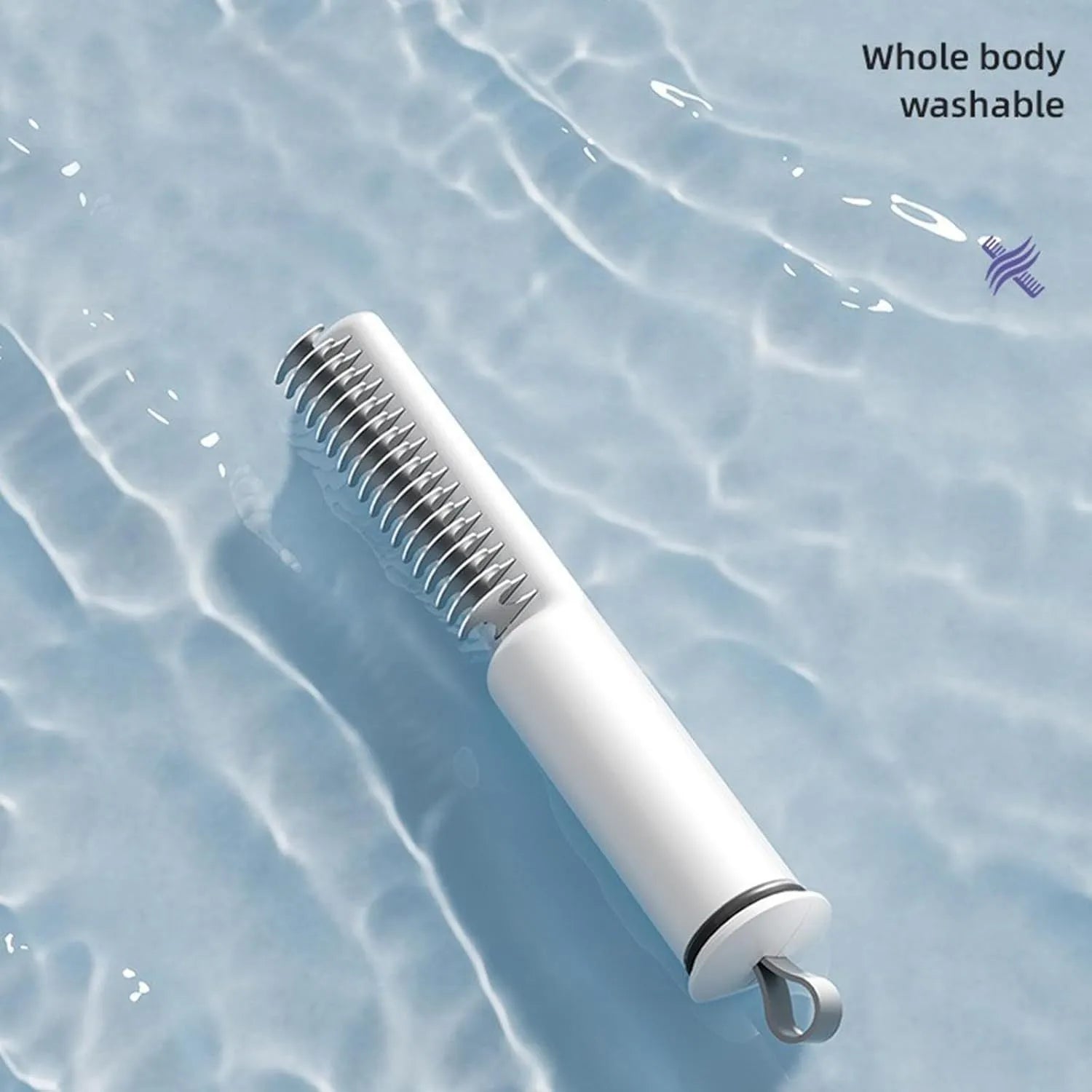 Pink and white stainless steel dog dematting comb with ergonomic handle for removing hair knots and mats.
